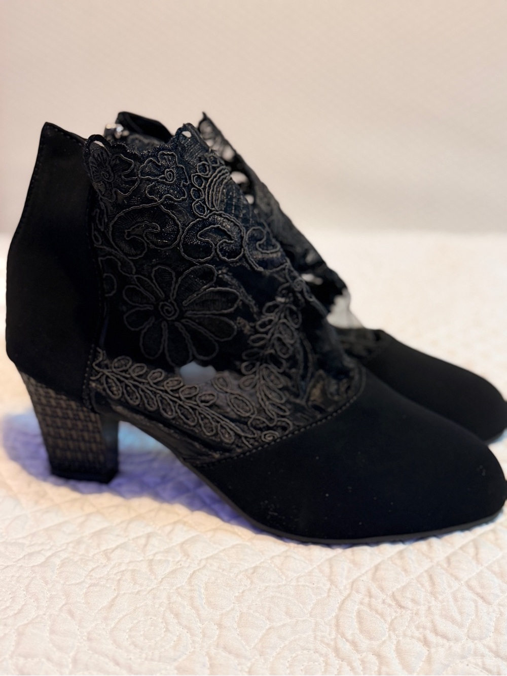 Women's Black Lace Mesh Ankle Boots - Elegant Block Heel